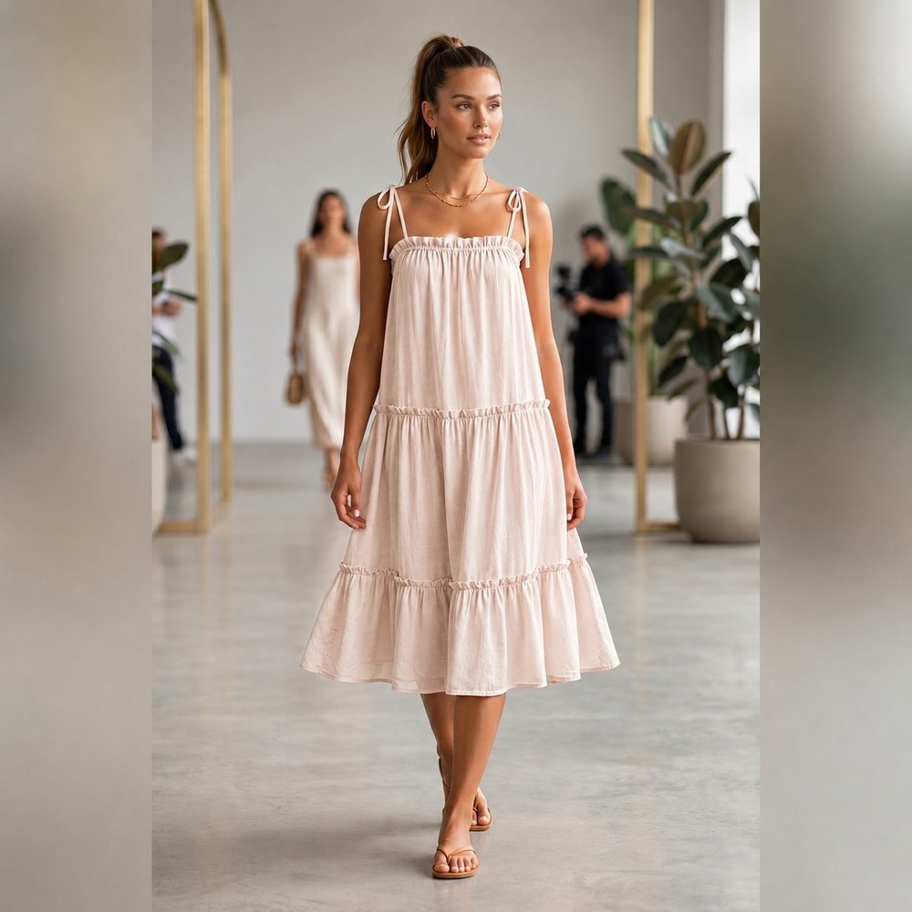 NWT BTFBM Women Y2K Sun Dress S Pastel Pink Smocked Babydoll Boho Cottage Beach
